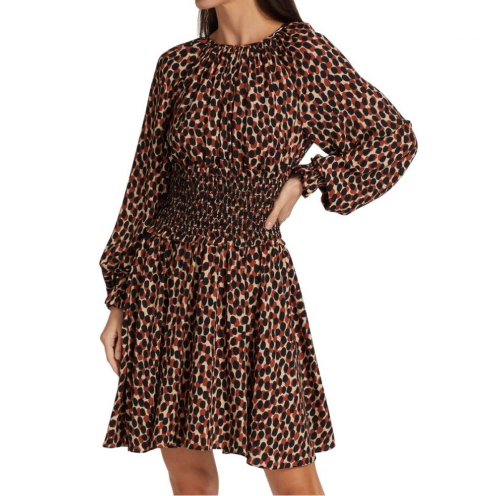 Kate Spade Dotty Leopard Spin Long Sleeve Smocked Waist Dress Size XS